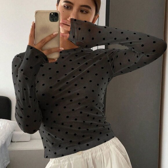 Black Casual Women's Polka Dot Fitted Crew Neck Long Sleeve Sheer Blouse - Picture 2 of 9